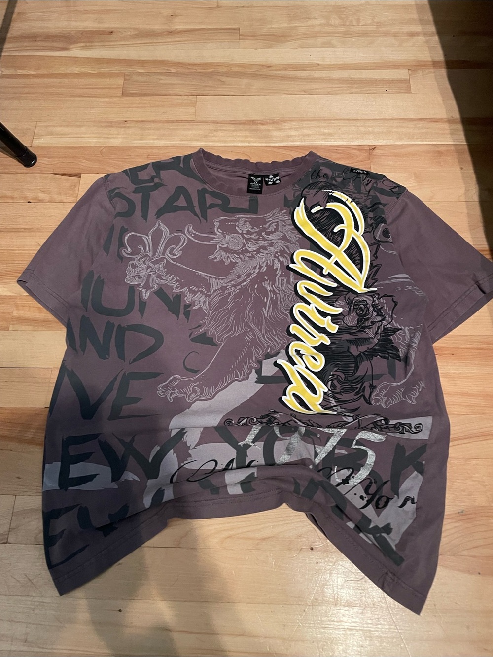 Avirex Y2K grunge skater tee with yellow 'Dunnes' script and gray tiger graphic